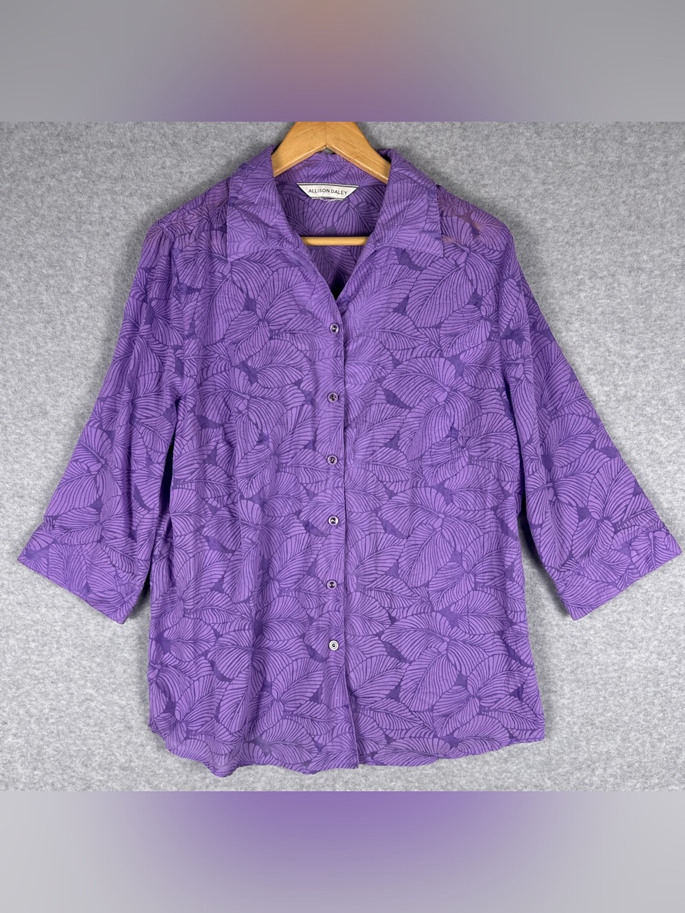 Allison Daley Purple Floral Button Front Blouse 3/4 Sleeve Womens Medium